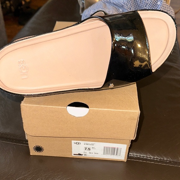 UGG Women's Glossy Black Slide Sandals - Picture 1 of 4
